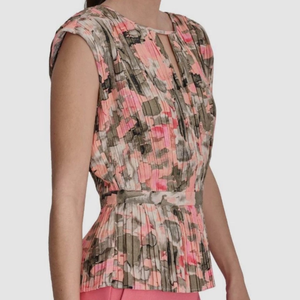 DKNY Women's Pink Printed Crewneck Pleated Peplum Fitted Blouse Top Size L, XL
